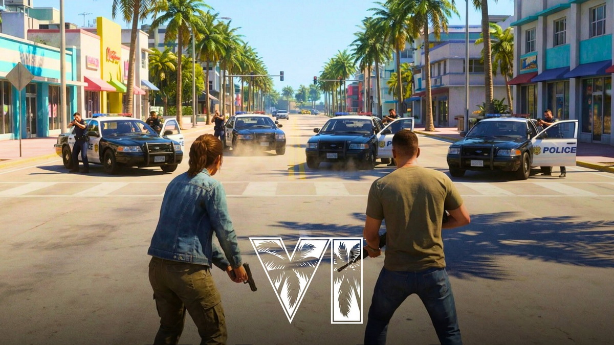 GTA VI screenshot — Lucia and Jason face off against police in Vice City